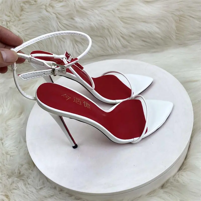 Women's Solid Strapy Sandals - Ladies' Formal 12cm Ultra-High Thin Heel Shoe, Curved & Straight Straps, Wristband, Buckle, Minimalist Line Design, Large Size, Red Bottom for Formal Wear