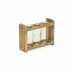 360 stand 7 in. Glass Bottles in a Wooden Rack Handmade Craft Sculpture - Brown, 3-Piece Home Decor Vase Set