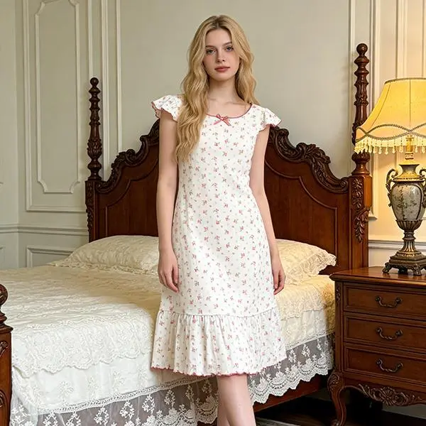 Women's Ribbed Polyester Nightgown - Cute Multicolor Floral Print, Square Neck, Ruffle Cap Short Sleeve, Slim-Fitting Loungewear Dress for All Seasons with Romantic Look, Polyester Clothes