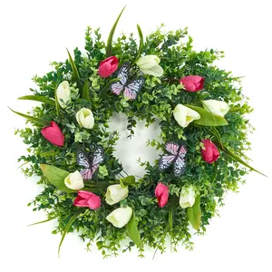 18 Inch Artificial Spring Tulip Wreath Lifelike Floral Wreath with Greenery Butterflies Handmade Fade Resistant Front Door Wall Porch Window Decor for Easter Farmhouse Home Festival Decoration