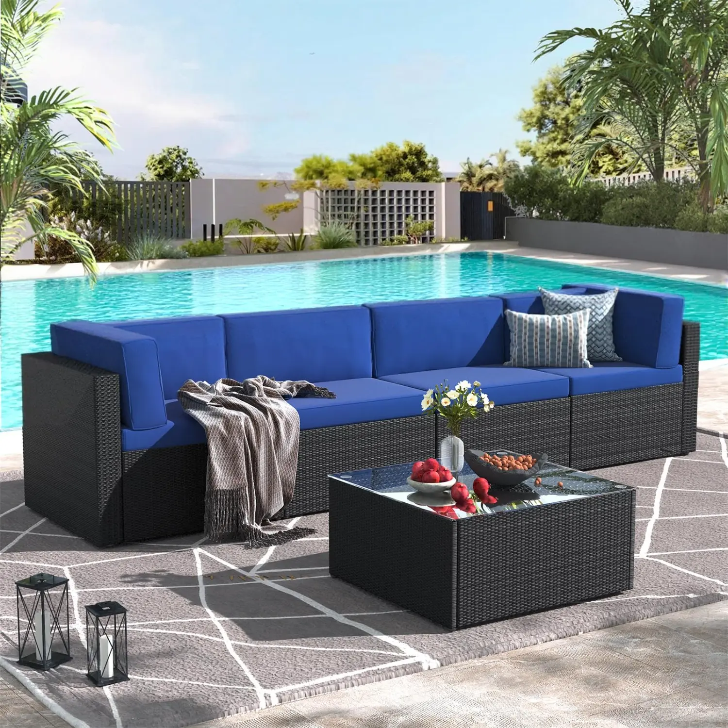 5 Piece Black Rattan&Blue Cushion