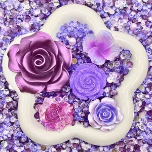 Amethyst Bloom -   Rose Mix - Floral Resin Cabochon Mix with Rhinestones – Assorted Flower Resin Charms for Whipped Cream Glue, Resin Art & Mirror Decoration