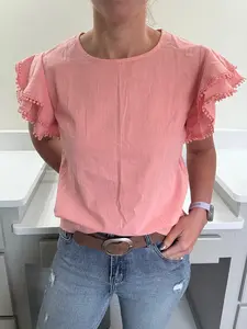 Lady's Casual Basic Pink Ruffle Sleeve Blouse, Women's Versatile Top for Daily Wear (Pairs Well with Jeans)