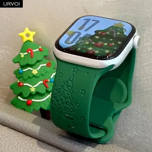 URVOI Christmas Sport Band for Apple Watch ultra 2 3 Series 11 10 9 8 Xmas tree engraved silicone strap for iWatch Santa red green white snow