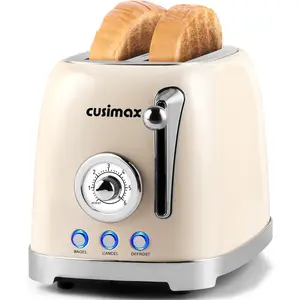 2 Slice Cream Retro Stainless Steel Toaster with Extra Wide Slots, 6 Toast Settings, Bagel Cancel Defrost Reheat and Removable Crumb Tray