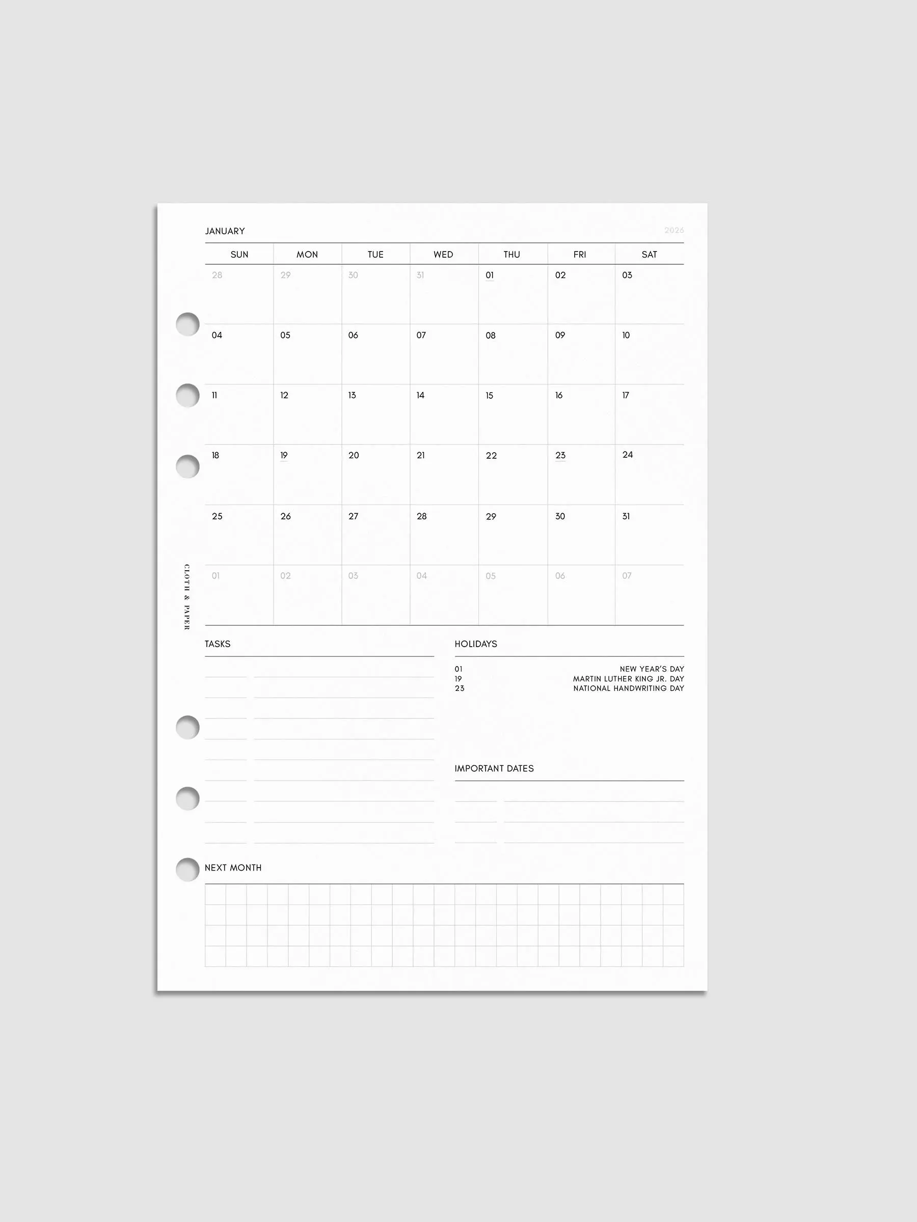 2026 Dated Monthly Admin Planner Inserts | Sunday Start