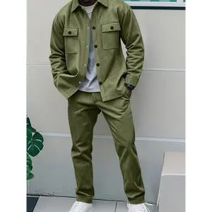 2pcs Men'S Casual Solid Color Sweatsuit Set, Polyester Knit Fabric with Slight Stretch, Regular Fit, with Lapel Collar, Button Details, for Spring/Fall - Fashionable American Style Workwear Jacket and Pants Combo