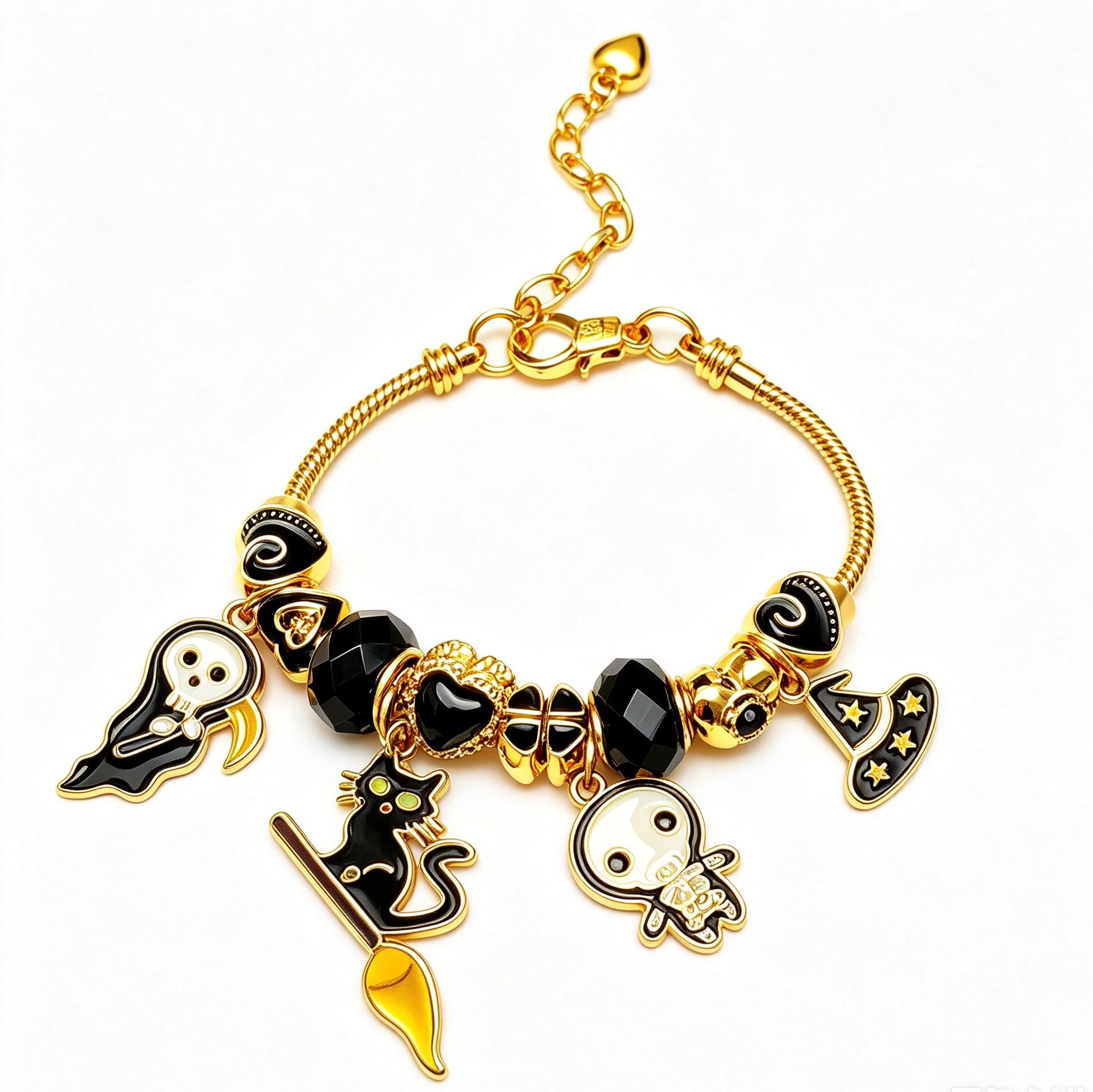 Halloween Black Cat Witch Charm Bracelet, Gold Plated Adjustable Snake Chain Bangle with Grim Reaper Ghost Witch Hat Black Crystal Beads, Gothic Holiday Jewelry Gift for Women Teen Girls