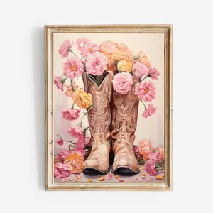 Floral Cowgirl Boots Painting Print Dorm Room Wall Art Vintage Style Pink Western Poster Boho Girl Wall Decor Unframe