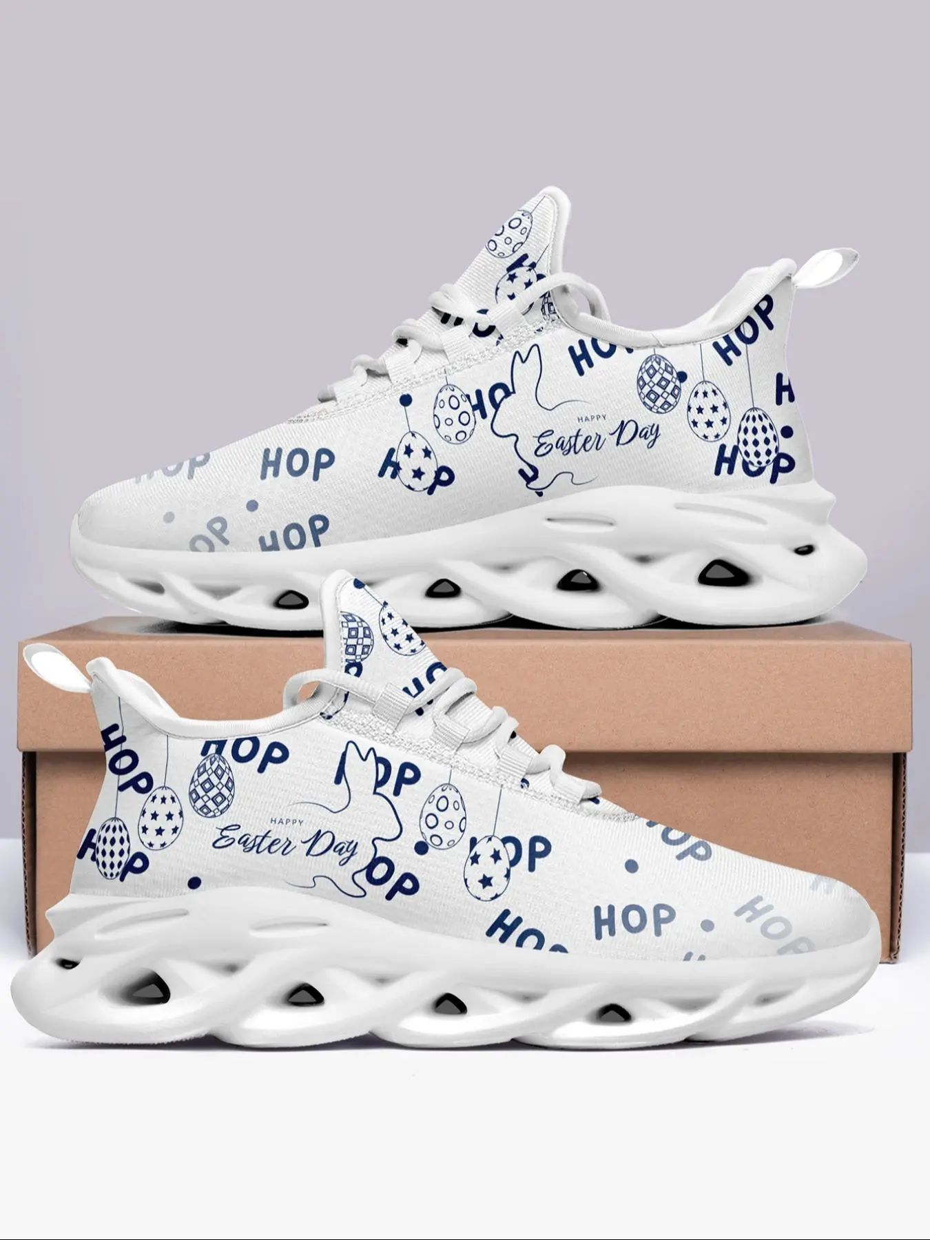Women's Random Easter Egg & Rabbit Print Lace Up Sneakers, Casual Sporty Breathable Comfortable Running Shoes, Female All-match Round Toe Sports Shoes for Daily Wear