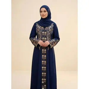 Adeela Abaya - Deep Navy with Gold & Silver Floral Embroidery - Elegant Traditional Craftsmanship - Includes Matching Hijab - Perfect for Special Occasions
