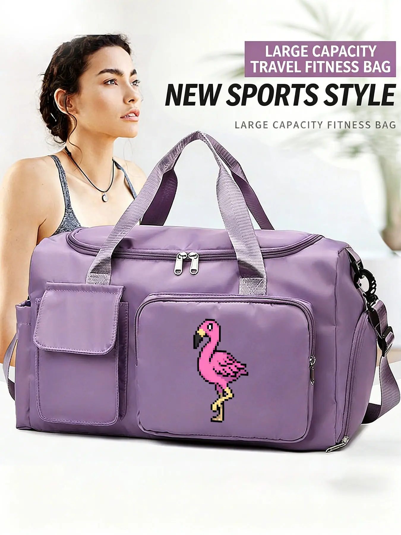 Flamingos Pattern Multifunctional Handbag, Large Capacity Lightweight Crossbody Bag with Independent Shoe Compartment. Stylish & Durable Strap, Ideal for Sports, Fitness, Travel & Daily Use, Perfect Festival Gift