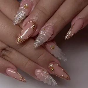 Elegant Shell Design Nail Art Set, & Pearl Accents, Long Sharp Tips, Removable Fake Nails, Perfect for Women Daily Use