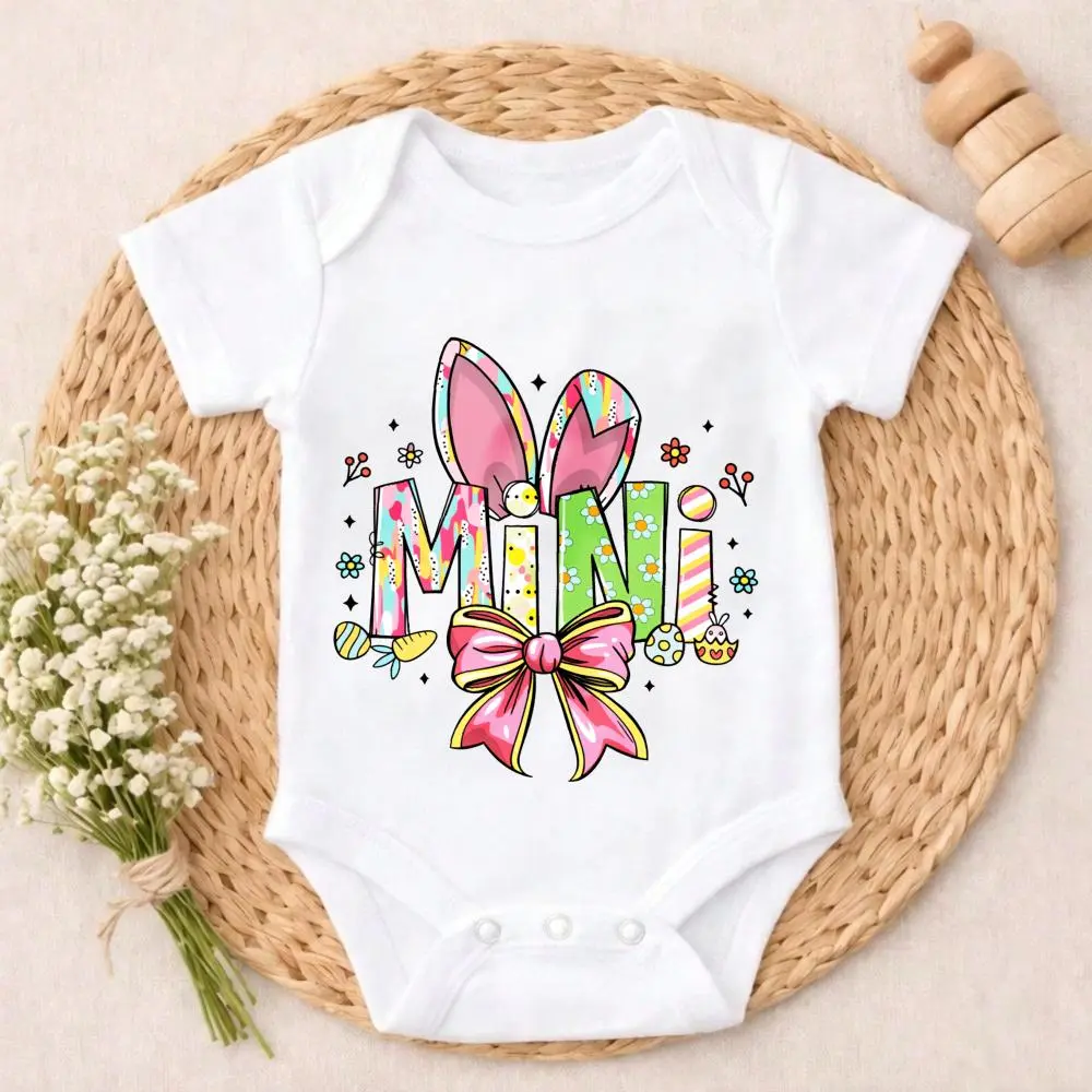 Baby Boy Mini Bunny Easter Bow Short Sleeve Romper Bodysuit - Soft Cotton, Anti-Pilling, Breathable, All Over Print, Easy Dressing & Diaper Changes - Newborn Infant Outfit for 0-24 Months (Spring, Summer Use), Fitted, 12M, Romper Suit, Clothes, Bunny Them