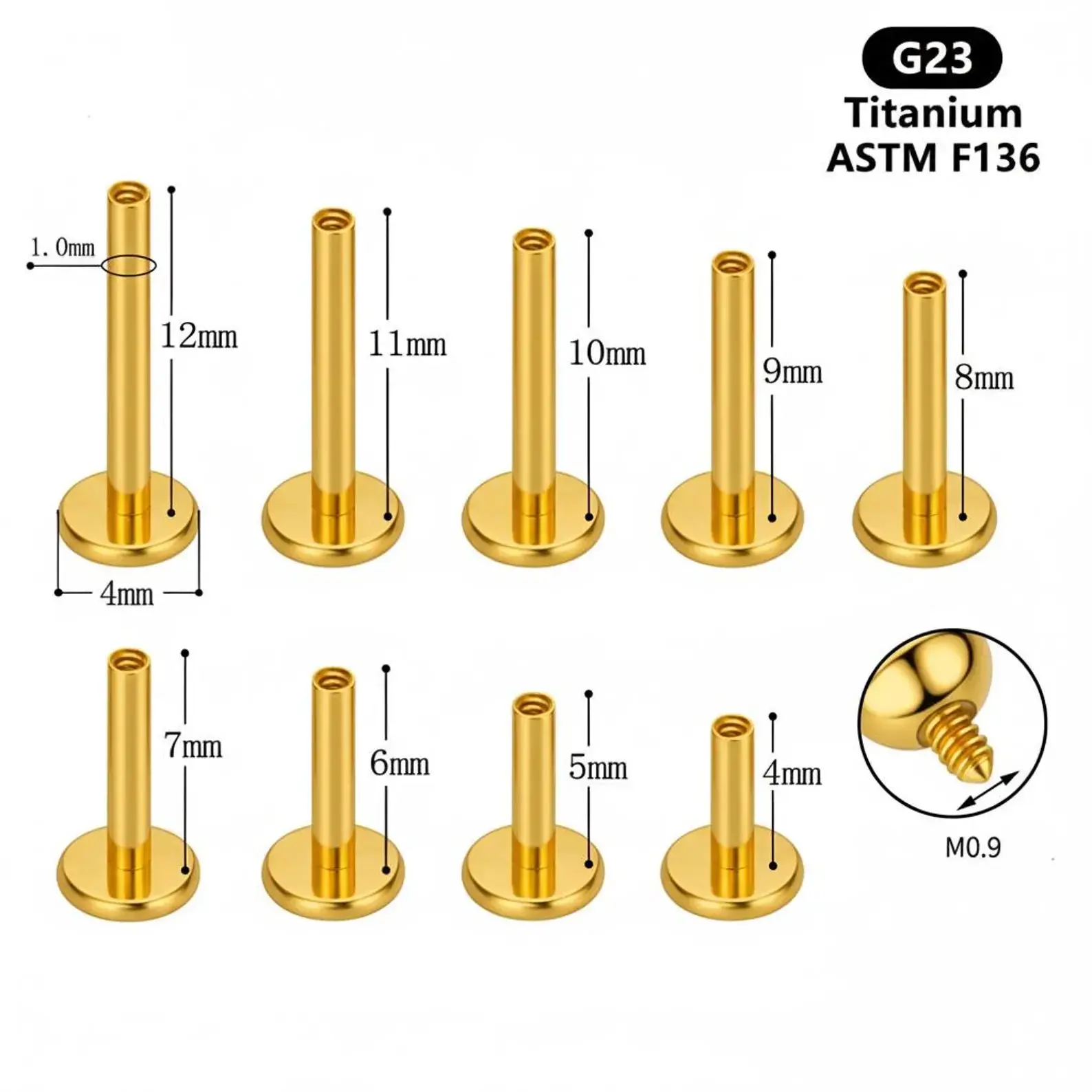 Internally Threaded Labret Post, G23 Implant Grade Titanium Flat Back Jewelry, Hypoallergenic Replacement Piercing Stud, 16G-20G, 4mm-10mm, Titanium Studs, Casual