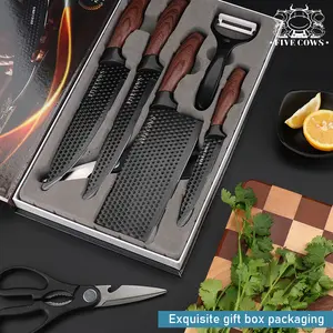 6 Piece Chef  Kitchen Knife Set with Non-Stick Stainless Steeland Ergonomic  Wooden Handle Block Meat Black Modern Multi-Purpose meat cleavers Utensils Kitchenware Home Board Container Box Cut Blade German Sturdy