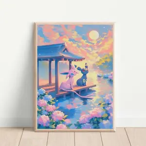 Umbreon and Espeon Pokémon Poster Anime Wall Art Pastel Japanese Decor Gamer Otaku Room Gift Printable Art