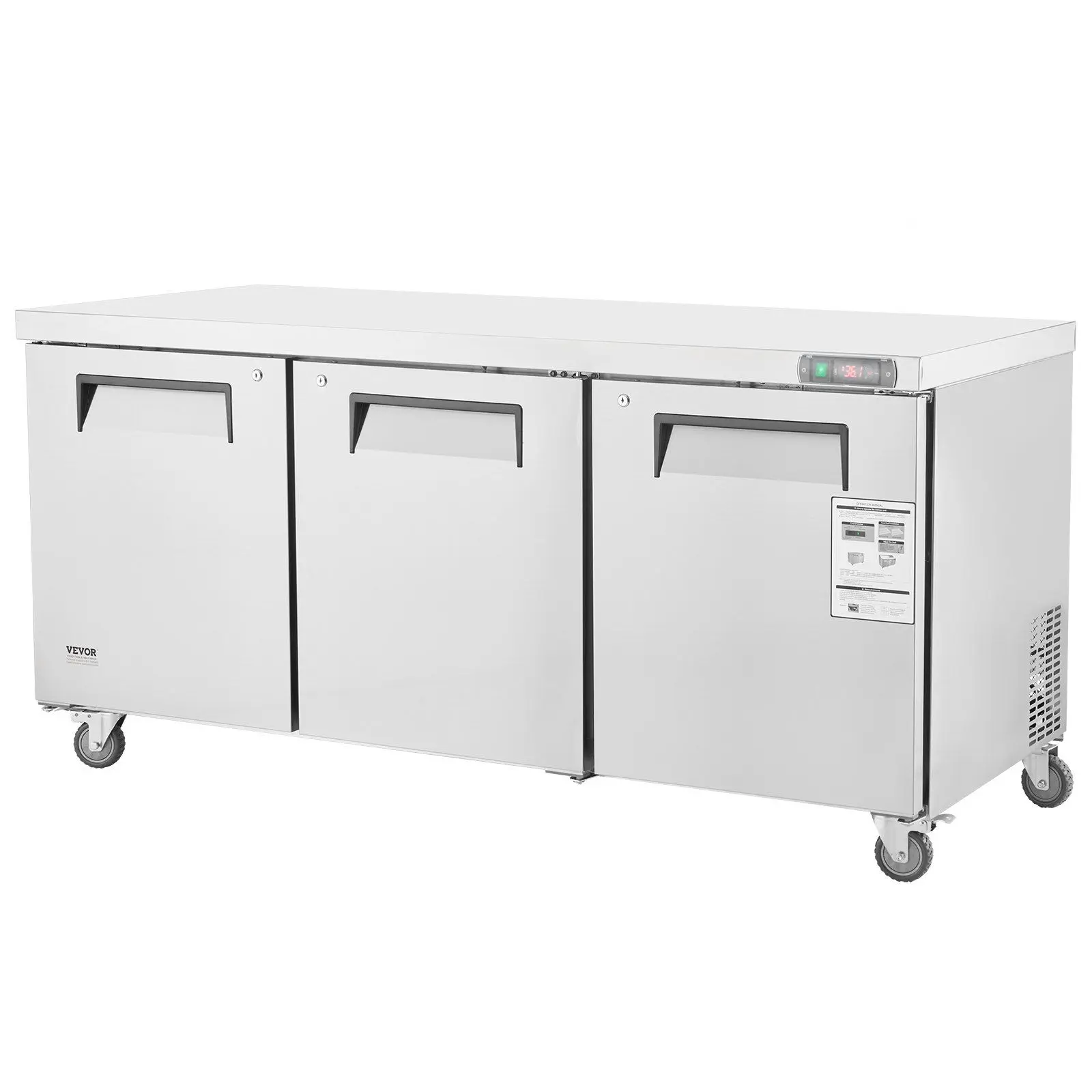 VEVOR 72-in Corrosion-Resistant Stainless Steel Commercial Food Prep Refrigerator Table - 20 Cu Ft Dual-Zone Fridge, LED Display Screen, 33-41 °F/2-8 °C Temp Range, Auto Door Close, for Food Trucks, Bakeries, Beverage Stores, Dessert Shops