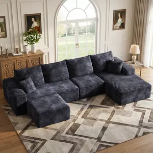 【Summer Vibes】Oneroom 137"W x 59"D x 22"H Plush Corduroy Modular Boneless Couch, No Assembly Required - Flexible L/U-Shaped Sectional Sofa Set with Chaise & Ottoman, Black Cloud Velvet Lounge Couch,3 Packages Shipping