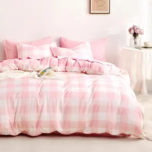 Gingham Duvet Cover Set, Plaid Buffalo Checker Cute Aesthetic for Teen Boys Girls, Soft Lightweight Dorm Bedding, 3-Piece, Light Pink White, Queen Size
