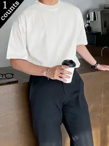 Men’s cool-touch antibacterial anti-mite fabric crew neck short sleeves natural waist loose fit solid color no pattern seamless stitched hem regular length sports casual style short sleeve T-shirt for outdoor travel beach activities summer