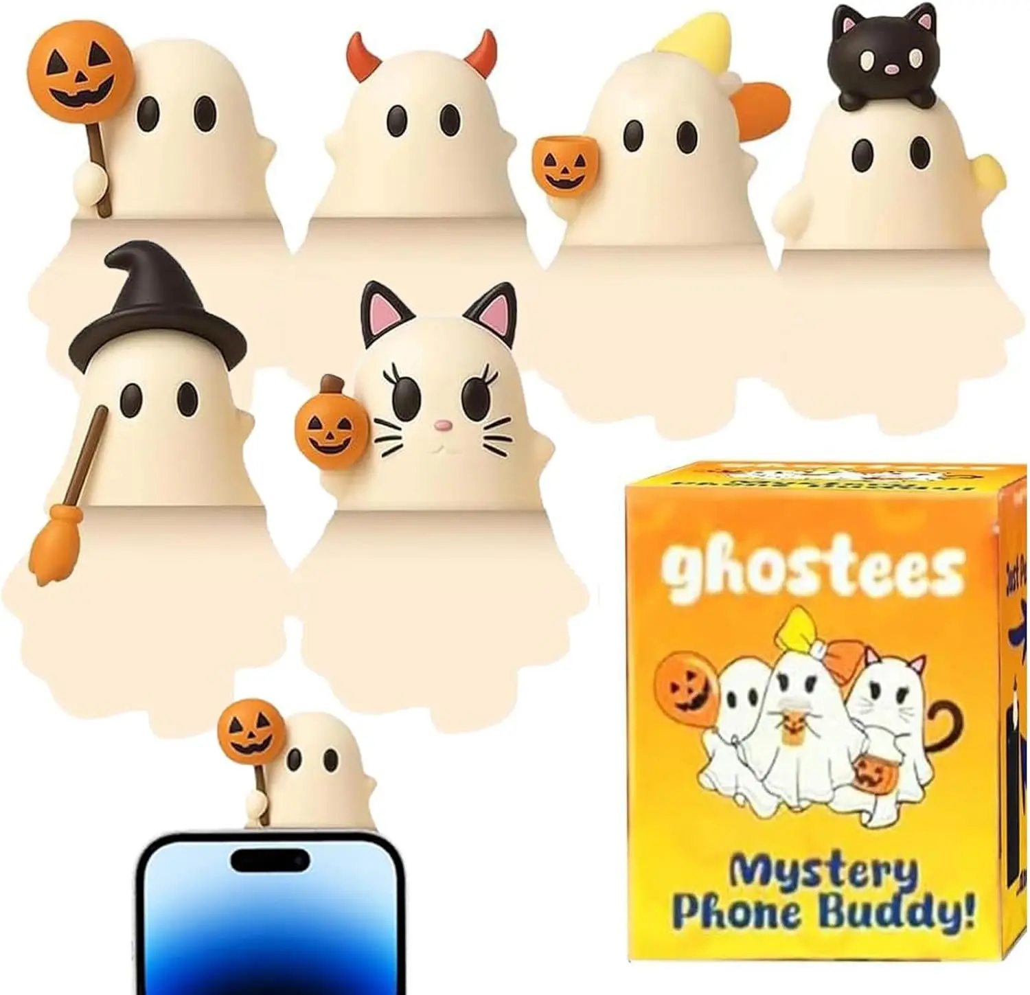 6pcs Ghost Mystery Phone Buddy, 1.2x2.2in Halloween Rubber Adorable Horrible Phone Charm Ghostees Cellphone Topper Figure for Laptop & Smartphone Decoration