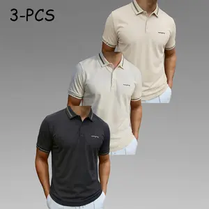 3PCS Men's Casual Polo Shirts, Short Sleeve, Stand Collar with Green Trim. Comfortable to wear, versatile and practical, suitable for business occasions, sports, gatherings, parties, and spring/summer wear.