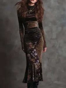 Women's Boho Style Short Dress, Long Sleeve Embroidered Floral Design, Slim Fit Ethnic Pattern Dress for Spring & Fall
