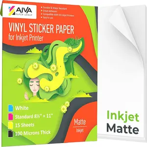 Printable Vinyl Sticker Paper for Inkjet Printer - Matte White - 15 Self-Adhesive Sheets - Waterproof Decal Paper - Standard Letter Size 8.5"x11"