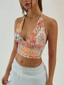 Women's Floral Print Halter Neck Top, Boho Sleeveless Cropped Top for Summer, Women's Clothing for Beach Holiday Vacation, Boho Sleeveless Tie Back Womenswear, Casual Boho Sleeveless