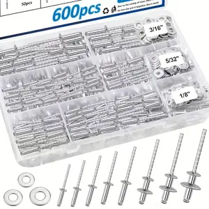 600 Piece Aluminum Rivet Set with Washers, 8 Sizes, Ideal for Metal, Furniture, Cars, DIY Projects, Corrosion Resistant, Structural Reinforcement