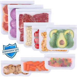 10 Pack Silicone Reusable Bags, Dishwasher Safe & Leakproof, BPA Free Food Storage Bags for Lunch, Marinate, Freeze, Travel - 3 Gallon, 3 Snack, 4 Sandwich (Clear)