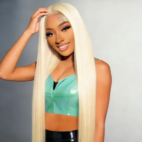 Vinisay Female 30inch 100% Human Hair Lace Front Wig, 13X6 HD Transparent Lace, Glueless, Pre-Plucked Roots, 613 Blonde Straight Body Wave (Human Hair Wigs)