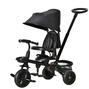 Kids 4-in-1 Foldable Tricycle for Toddlers 1-5 Years, Black, with Reversible Seat, Adjustable Parent Handle, Safety Harness, Wheel Brakes, Removable Canopy, Storage