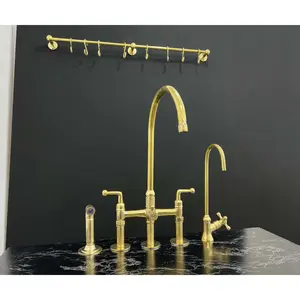 Handmade Unlacquered Brass 3-Leg Bridge Faucet with Side Sprayer & Cold Water Tap