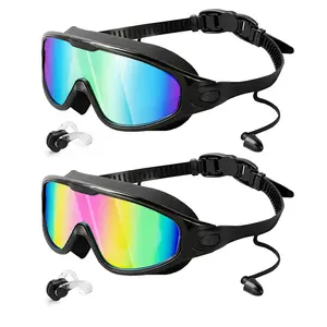2 Pack Swim Goggles with Waterproof Earplugs & Nose Clip for Adults, Anti-Fog Full-Coverage 180 °   Wide View Swim Goggles, Bright Multicolor UV Lens, Fit Outdoorfun