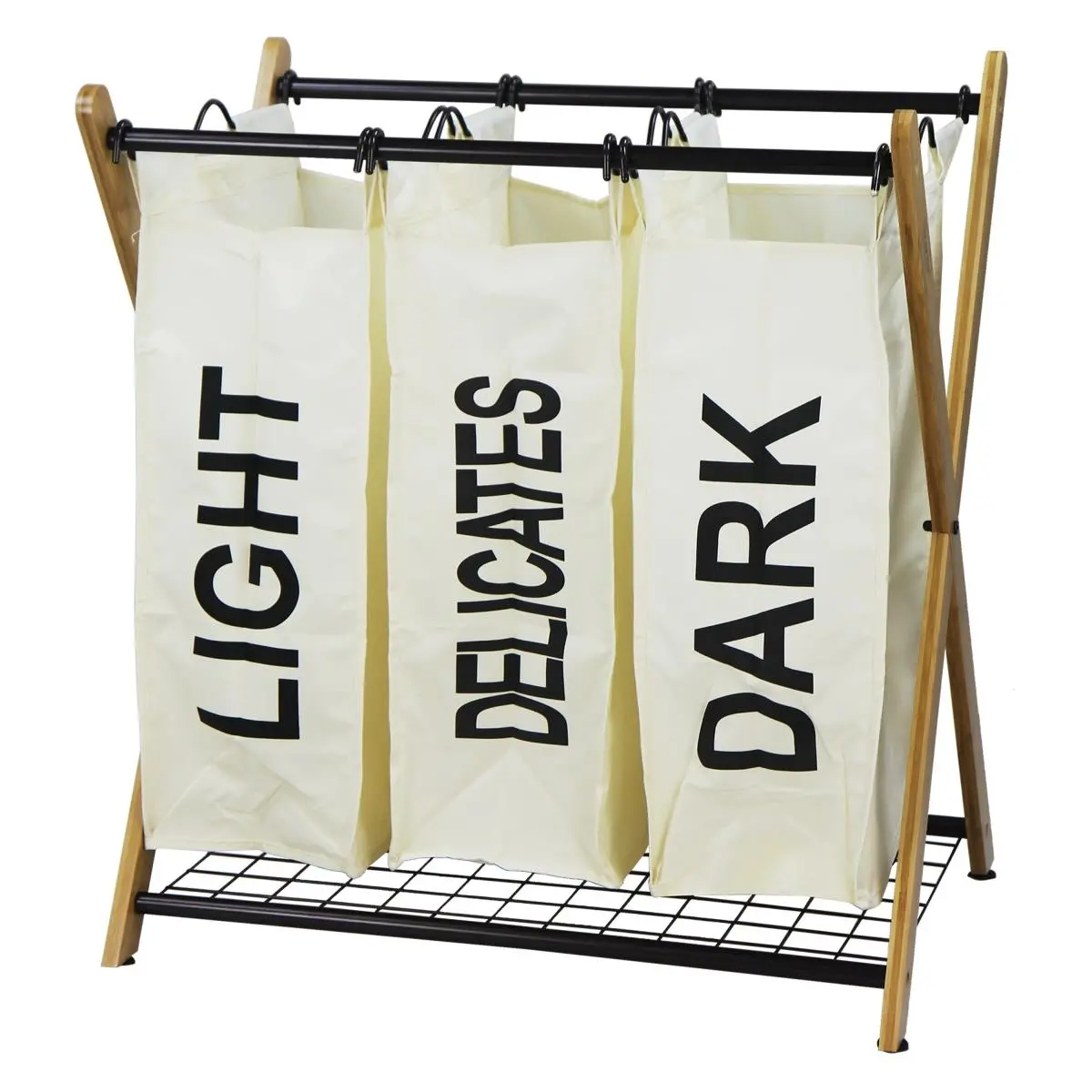 212 MAIN Modern 3-Grid Bamboo Metal X-Frame Laundry Sorter with 3 Removable Polyester Bags, Easy to Assemble, White