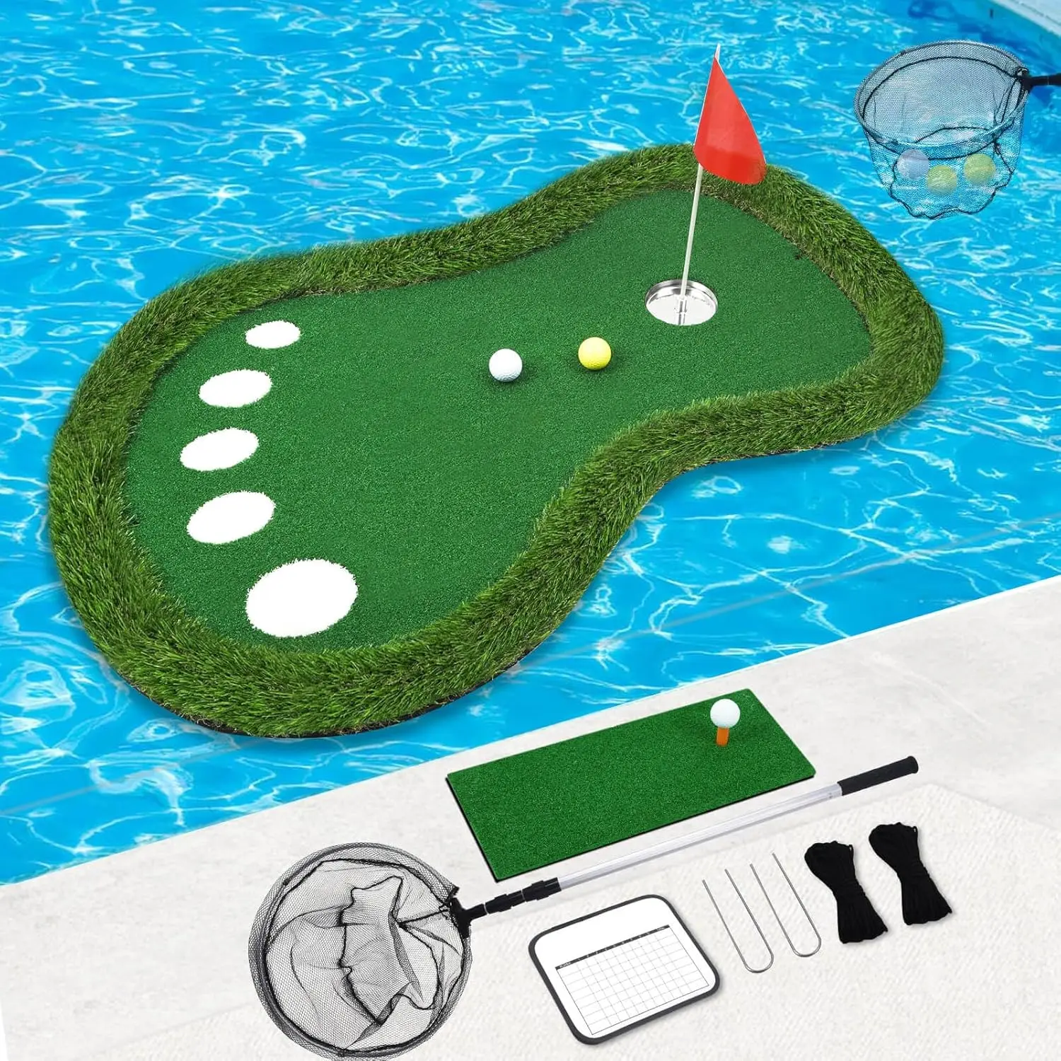 Floating Golf Green for Pool - Patented Sporty Golf Training Equipment with Ball Retrieve Net, Scoreboard for Party, Training