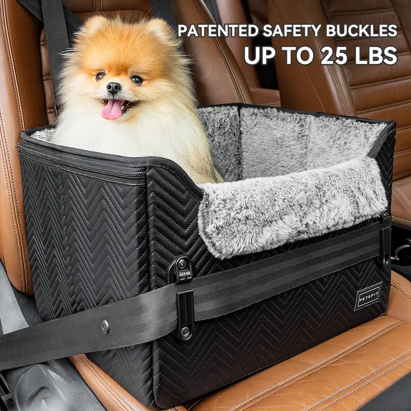 PETSFIT Small Dog Car Seat up to 25 lbs — Patented Safety Buckles, Waterproof Leather, Cozy Velvet Pad, Folds Flat