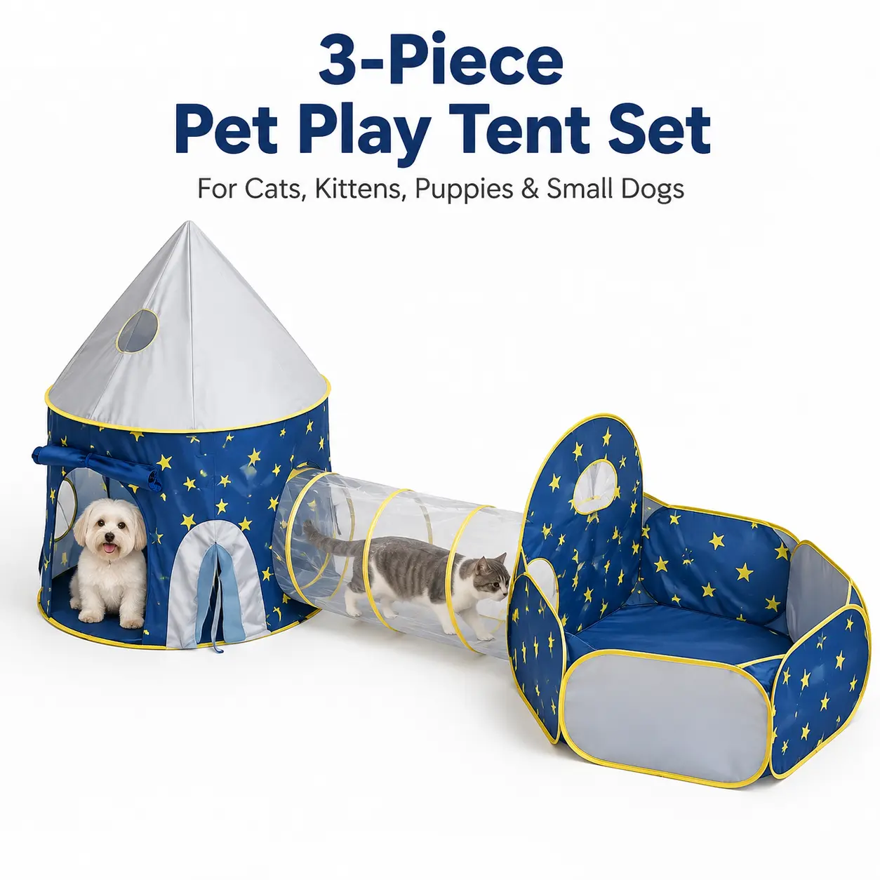 Pet Play Tent and Tunnel Set, 3-Piece Fabric and Mesh Indoor Activity Center with Hideaway House and Open Play Area for Cats, Kittens, Puppies, Small Dogs