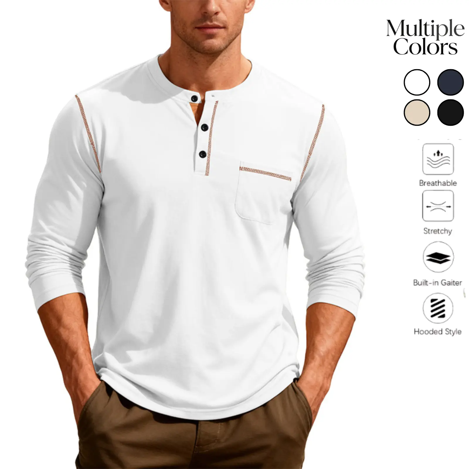 Solid color Henley shirt with a small stand collar, brown topstitching/accent stitching, half button placket at the neckline, side pockets—simple men’s long-sleeve base layer