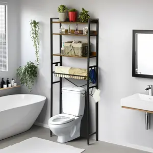 Homy Casa Ranni Adjustable Bathroom Organizer Rack with Iron Mesh Shelf Hair Dryer & Towel Holders Over Washing Machine Storage Stand for Toilet Laundry Room Balcony Kitchen & More