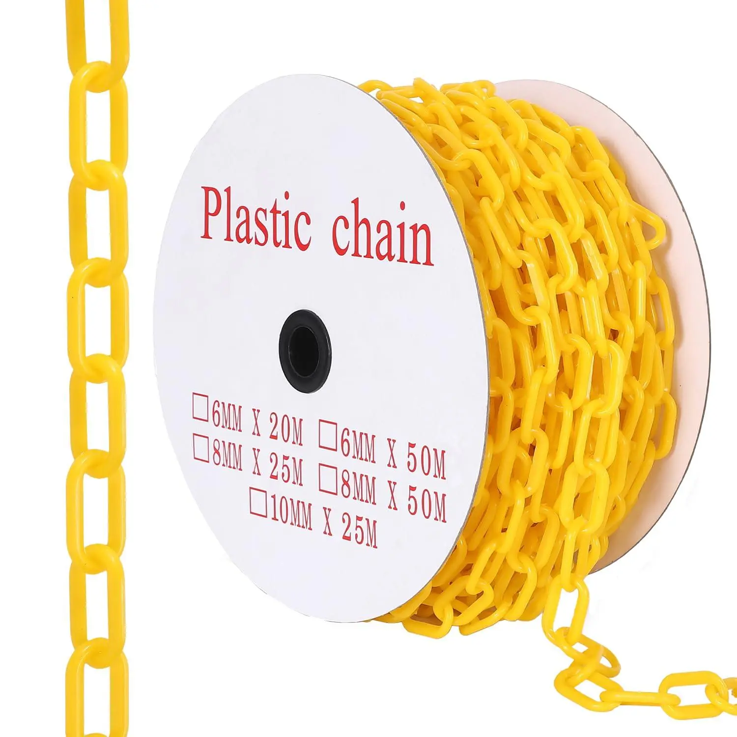 120FT Yellow Plastic Barrier Chain, 6mm Thick 1.5in Links with 25 Hooks for Crowd Control, Parking, Driveways & Construction