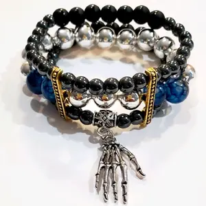Gothic Style Beaded Bracelet Stack with skeleton charm, Emo Bracelet