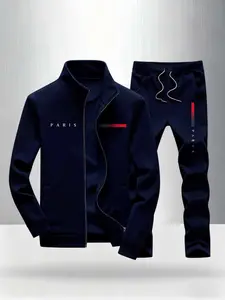Men's new casual sports set, including a comfortable zipper jacket and loose fitting pants, adorned with the word "Paris" and fashionable red and black stripes, is perfect for occasions such as Halloween, Christmas, Thanksgiving, etc.