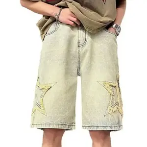Kyn Apparel Star Patchwork Yellow Clay Color Jeans Summer Men Denim Shorts Trendy Streetwear Five-point Pants Straight Jeans Shorts