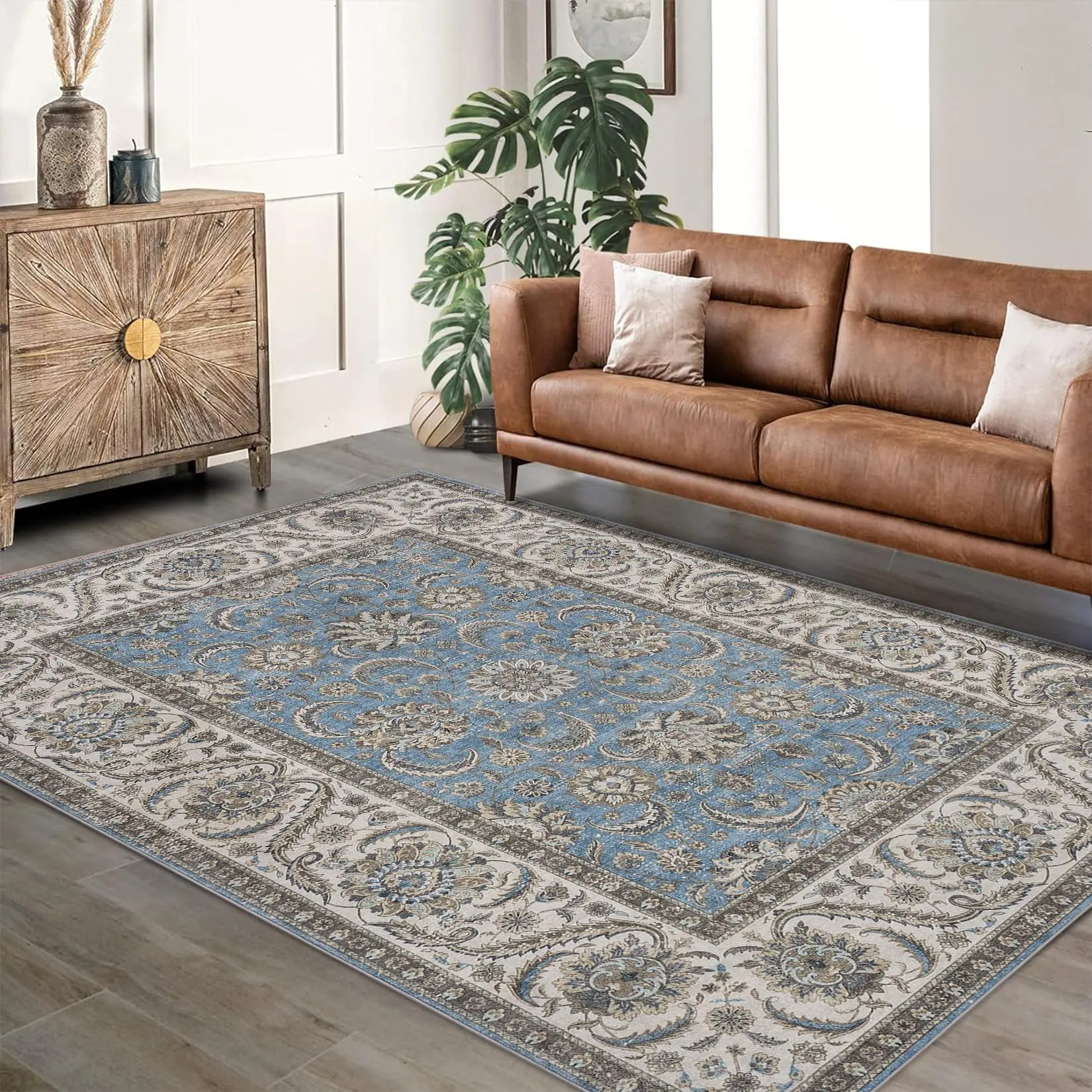 Garvee 8x10 Area Rug Retro Floral, Washable Rug for Living Room Boho Vintage Large Rug for Bedroom Soft Non Slip Low Pile Floor Mat Persian Carpets for Dining Room Office Stain Resistance, Blue