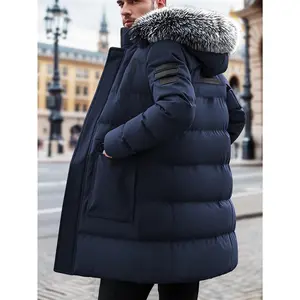 Men's Winter Thickened Warm Cotton Jacket - Mid-Length Hooded + Removable Fur Collar, Large Pockets Cold-Resistant Casual Outdoor Coat