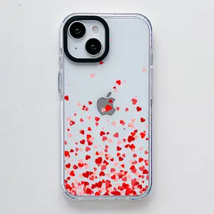 Fall Red Heart Pattern , Scratch Resistant Shockproof Protective Cover TPU Clear Soft Phone Case for iPhone 16 15 14 13 12 11 Pro Max Plus Trendy Girl
