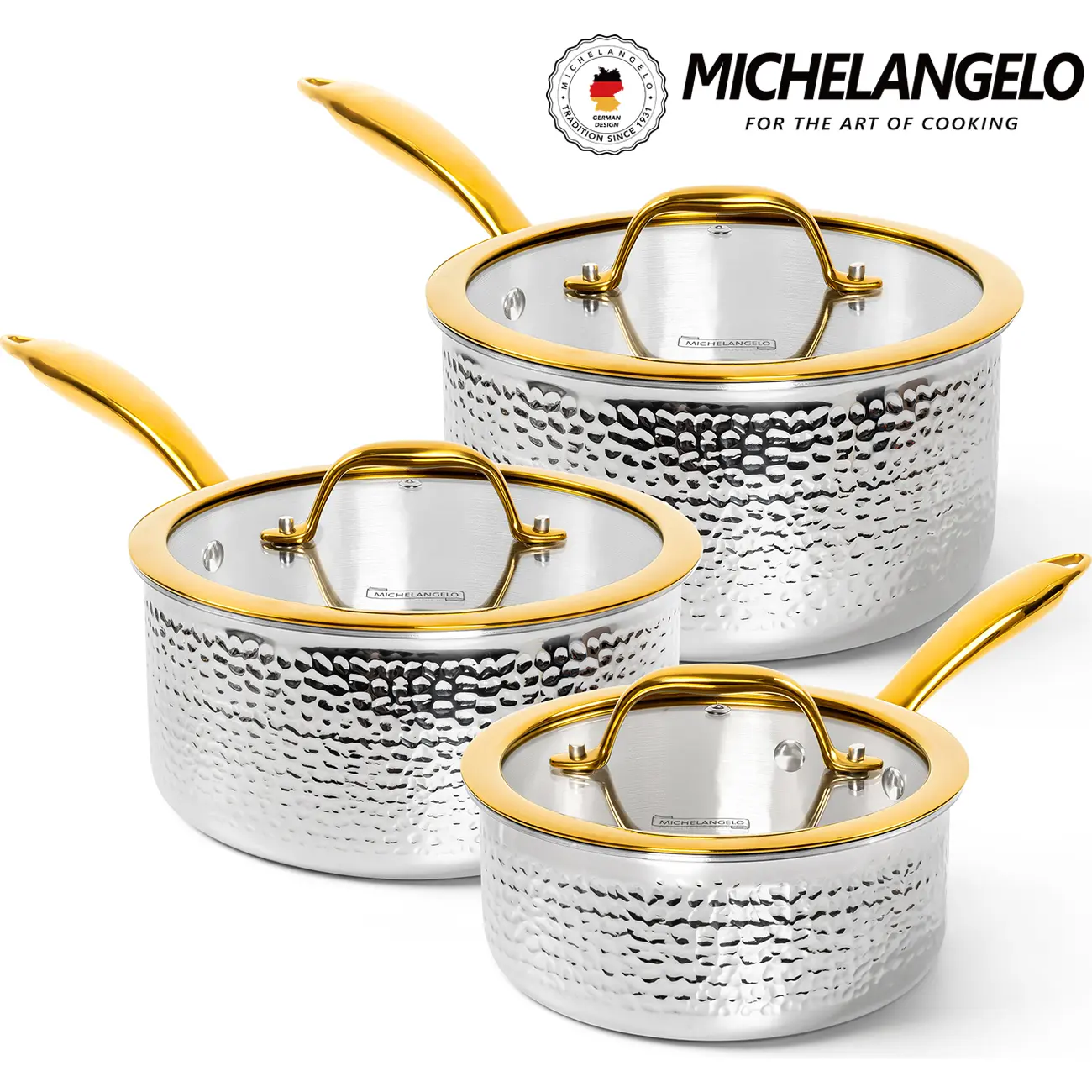 Michelangelo Triply Stainless Steel Saucepan Set, Luxury Hammered Stainless Steel Sauce Pans with Golden Handle, Premium Sauce Pot Set, Induction Compatible Cookware Stylish